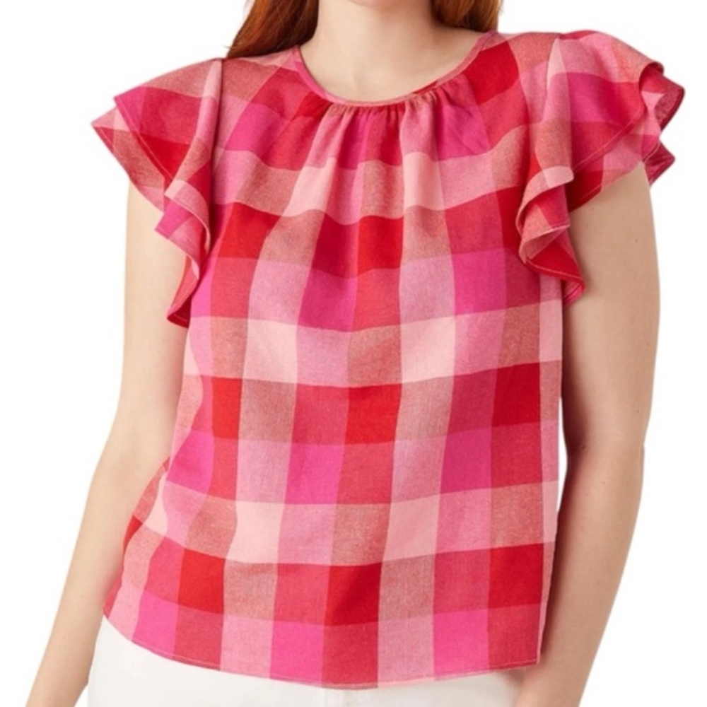 KATE SPADE PICNIC WOVEN FLUTTER-SLEEVE TOP LINEN BLEND DEEP HIBISCUS MULTI  L